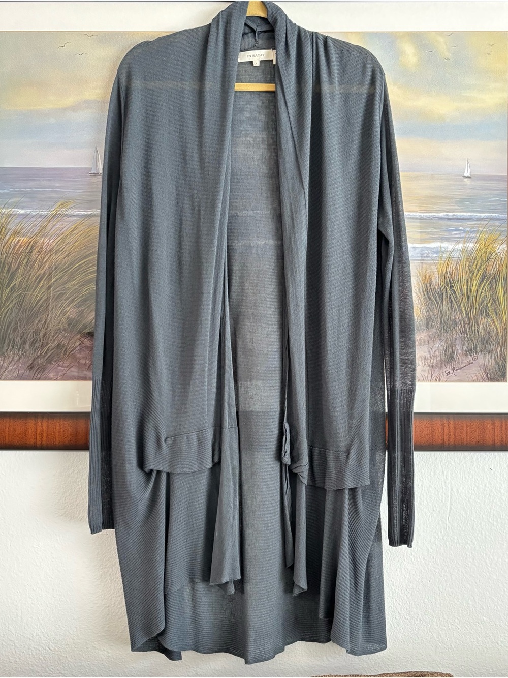 INHABIT Inhabit Charcoal Grey Open Front Draped Cardigan Rayon Linen Sheer Small